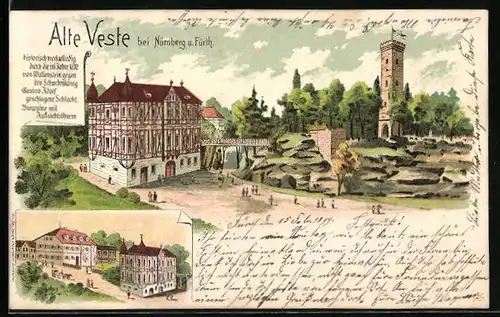 Lithographie Nürnberg, Alte Veste bei Nürnberg u. Fürth, Ortspartie