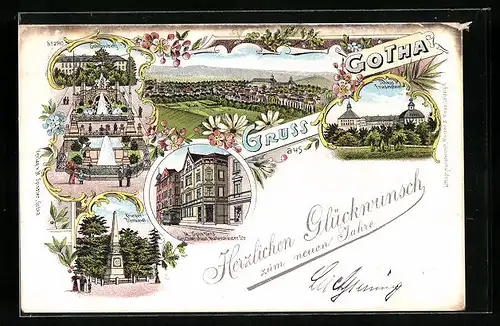 Lithographie Gotha, M. Spindlers Geschäftshaus Waltershäuser Strasse, Schloss Friedenstein, Schlossberg