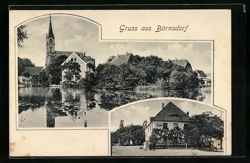AK Bärnsdorf, Ortspartie mit Gasthof, Uferpartie mit Kirche