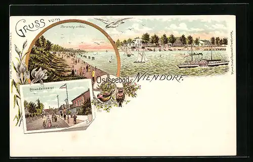 Lithographie Niendorf, Strandpartie mit Dampfer, Strandstrasse