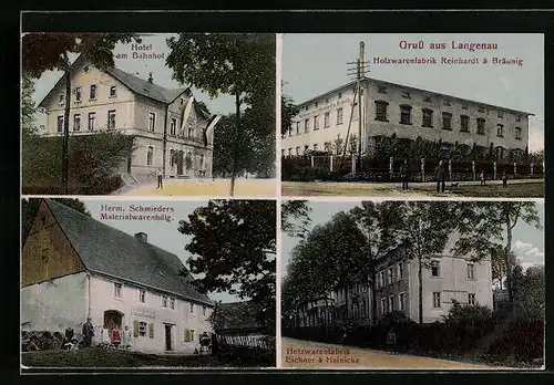 AK Langenau, Hotel am Bahnhof, Materialwarenhandlung von Herm. Schmieders, Holzwarenfabrik Eichner & Heinicke