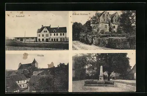 AK Mihla a. d. Werra, Graues Schloss, Bahnhof, Kriegerdenkmal