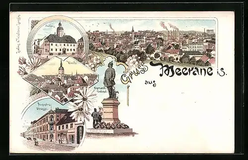 Lithographie Meerane i. S., Rathaus, Kirche, Bismarck-Denkmal
