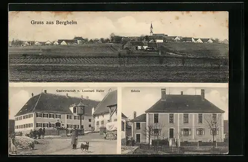 AK Bergheim / Mödingen, Gasthaus v. Leonhard Haller, Schule, Teilansicht