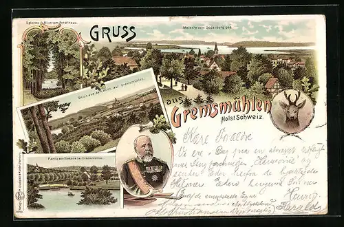 Lithographie Gremsmühlen /Holst. Schweiz, Blick vom Forsthaus auf den Ugleisee, Blick aus dem Holm auf den Ort