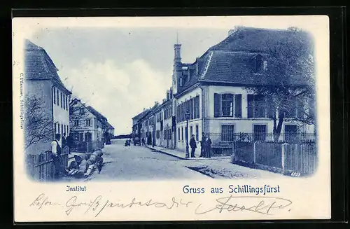 AK Schillingsfürst, Strassenpartie mit Geschäft von Emil Kazner und Institut