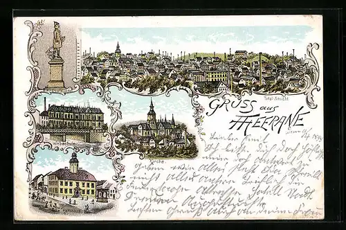 Lithographie Meerane, Webschule, Kirche, Rathaus