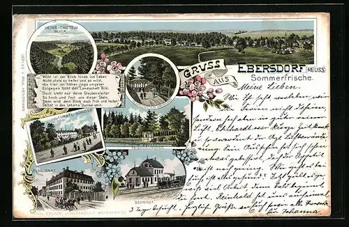 Lithographie Ebersdorf /Reuss, Bahnhof, Fürstl. Schloss, Teichhäuschen