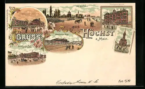 Lithographie Höchst a. Main, Restaurant der Farbwerke, Bahnhof, Hauptbureau der Farbwerke