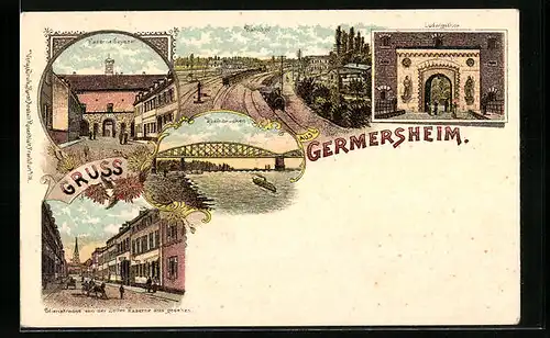 Lithographie Germersheim, Kaserne Seyssel, Lilienstrasse, Bahnhof, Ludwigsthor