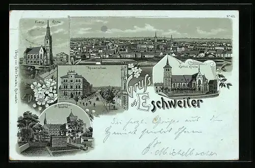 Mondschein-Lithographie Eschweiler, Rosenallee, Kathol. Kirche, Panorama