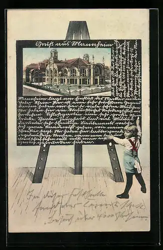 Schultafel-AK Mannheim, Festhalle Rosengarten, Infotext