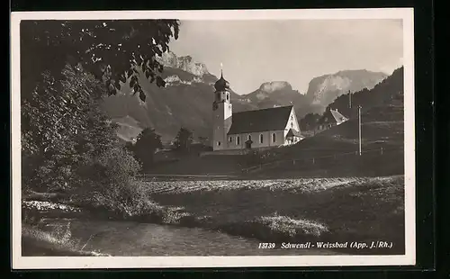 AK Schwendi, Weissbad, am Ufer neben der Kirche