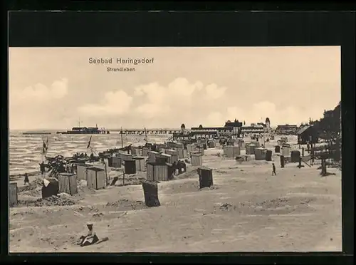AK Heringsdorf, Strandleben, Blick zur Seebrücke