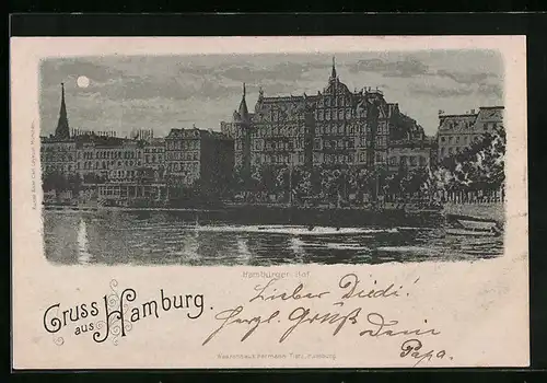 Mondschein-AK Hamburg, Blick auf das Hotel Hamburger Hof