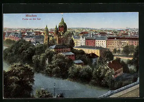 AK München, Partie an der Isar, Blick zur Lukaskirche