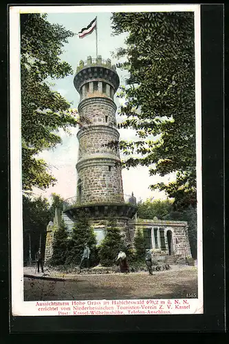 Lithographie Kassel - Wilhelmshöhe, der Aussichtsturm Hohe Grass im Habichtswald