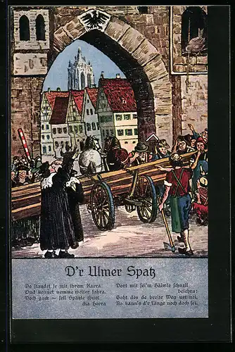 Künstler-AK Ulm, Kutsche am Stadttor, der Ulmer Spatz