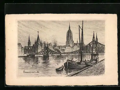 Künstler-AK Frankfurt a. M., Uferpartie mit Kirche und Boot