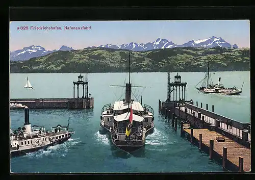 AK Fredrichshafen a. B., Bodensee-Dampfer König Wilhelm bei der Hafenausfahrt