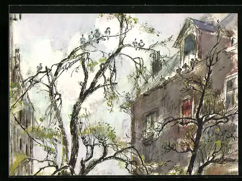 Künstler-AK Das Ruhrgebiet von ARAL, Ortspartie mit Brieftauben in einem Baum