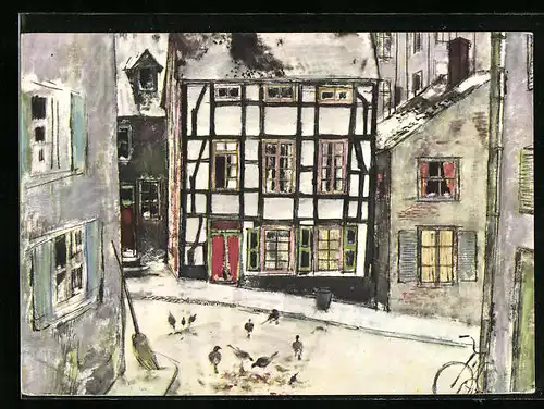 Künstler-AK Das Ruhrgebiet von ARAL, Strassenszenerie im Essener Stadtteil Steele