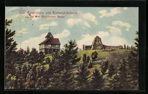 AK Elleben, Thür. Bauernhaus und Bismarckdenkmal auf dem Riechheimer Berge