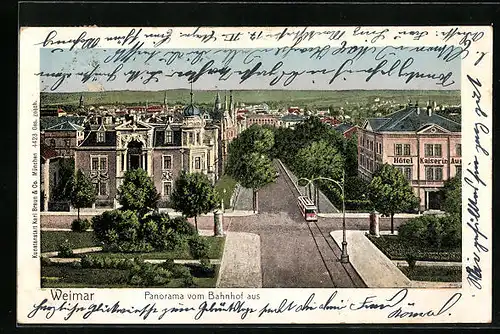 AK Weimar, Panorama vom Bahnhof aus mit Strassenbahn