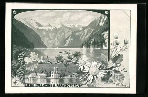 AK Königsee, Ansicht mit St. Bartholomae und Bergpanorama