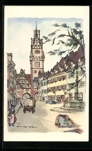 Künstler-AK Freiburg i. Br., Strassenpartie Oberlinden