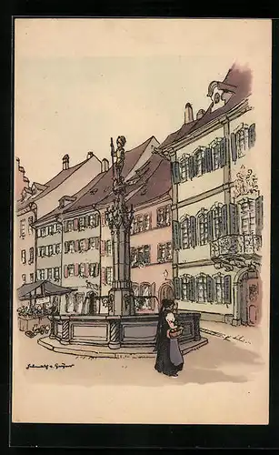 Künstler-AK Freiburg i. Br., Gotischer Brunnen