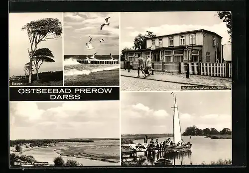 AK Prerow /Darss, FDGB-Erholungsheim Am Hafen, Blick auf den Prerowstrom