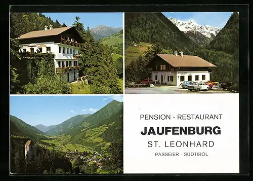 AK St. Leonhard i. Passeier, Pension Jaufenburg mit Bergpanorama