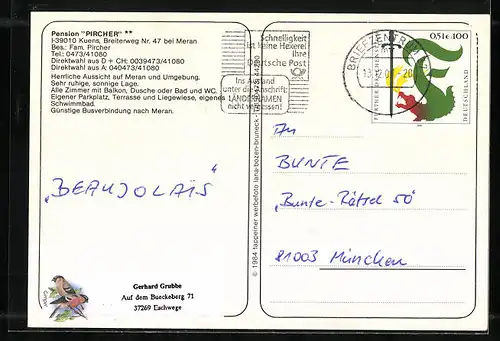 AK Kuens b. Meran, Pension Pircher, Breiterweg Nr. 47