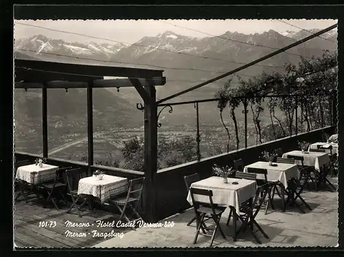 AK Meran, Hotel Fragsburg - Blick von der Veranda auf Meran