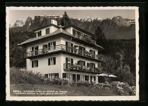 AK Oberbozen /Ritten, Pension Regina gegen Dolomiten