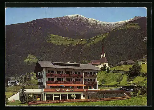 AK St. Leonhard in Passeier, Pension Wiesenhof mit Blick auf Kirche