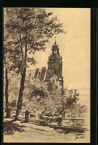 Künstler-AK Rudolstadt, Die Heidecksburg von der Schlossstrasse aus gesehen