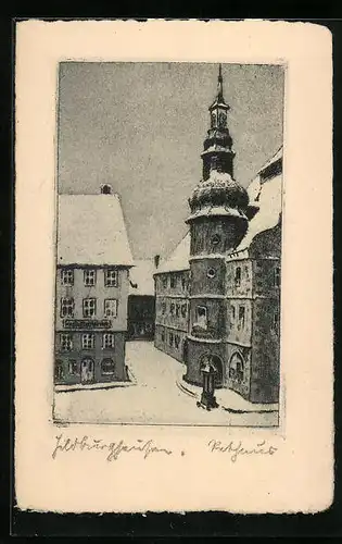 Künstler-AK Hildburghausen, Rathaus im Schnee