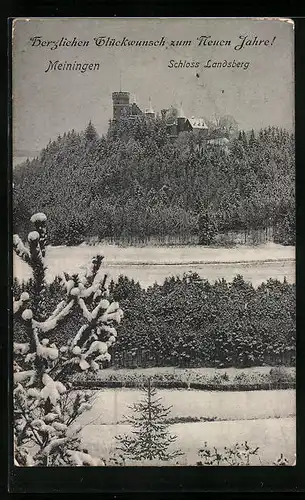 AK Meiningen, Schloss Landsberg im Winter, Neujahrsgruss