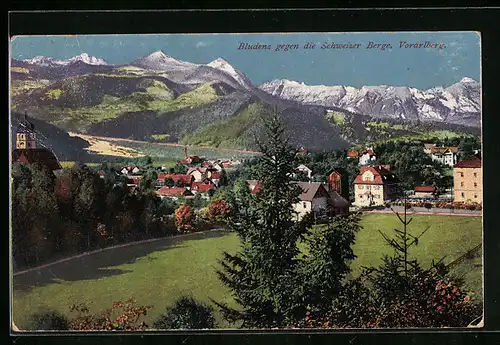 AK Bludenz, Ortsansicht gegen die Schweizer Berge