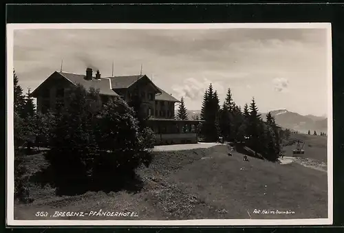 AK Bregenz, Pfänderhotel mit Seilbahn und Fernblick