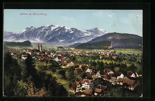 AK Götzis, Totalansicht mit Bergkette