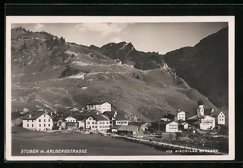 AK Stuben, Teilansicht mit Kirche und Arlbergstrasse