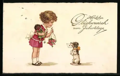 AK Mädchen mit afrikanischer Puppe und Hündchen