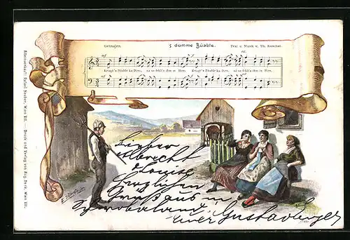 Künstler-AK E. Döcker: Lied `s dumme Büable, Noten und Text