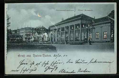 Mondschein-AK Baden-Baden, Hotel Messmer und Conversationshaus, Halt gegen das Licht: beleuchtete Fenster