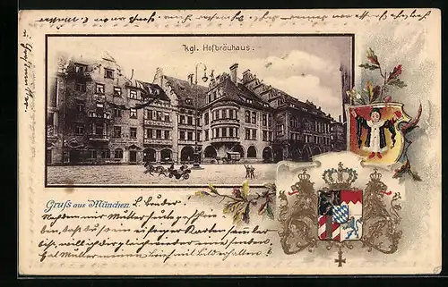 Passepartout-Lithographie München, Gasthaus Hofbräuhaus, Wappen mit Münchner Kindl