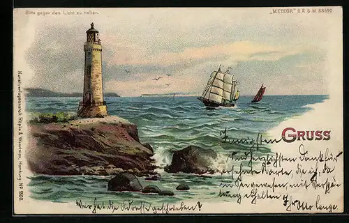 Lithographie Segelschiff vor der Küste, Halt gegen das Licht: Leuchtturm in Betrieb