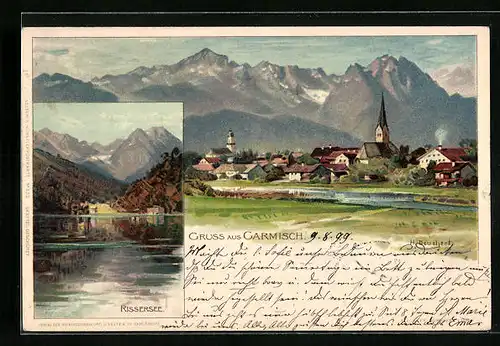 Künstler-AK Heinrich Deuchert: Garmisch, Ortsansicht mit Rissersee